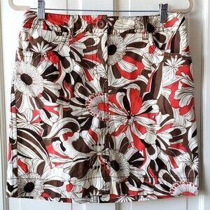 LOFT RETRO MOD BROWN FLORAL COTTON MINI SKIRT 70s GROOVY BROWN CREAM SIZE 6